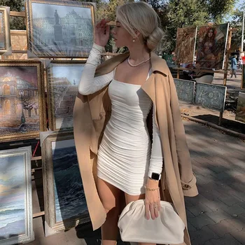 Elegante Kvinder Med Lange Ærmer Hvid Kjole Mode Solid Farve-Pladsen Plisserede Krave Slim Fit Kort Kjole Vintage Lady Mini Kjole