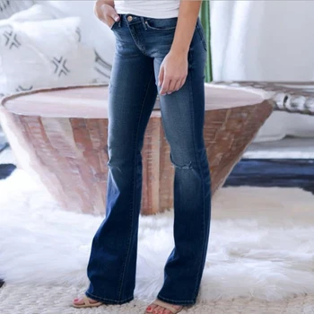 Kvinder ' S Klassiske Kurvede Midt Stige Boot Cut Jeans Til Kvinder, Juniorer Trække På Flare Jeans Mødre Plus Size Knæ Hul slidte Jeans Damer