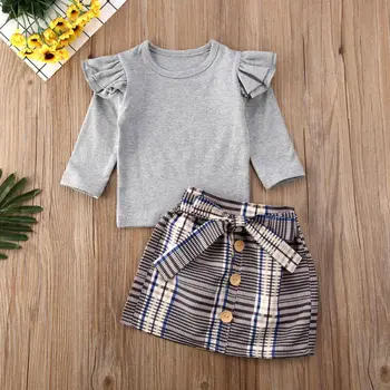 Fashion Baby Piger Matchende Tøj Kids langærmet grå T-shirt, toppe Plaider Sløjfeknude Kjole Prinsesse Party Outfit Sæt 7251