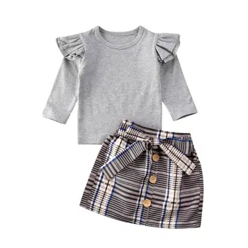 Fashion Baby Piger Matchende Tøj Kids langærmet grå T-shirt, toppe Plaider Sløjfeknude Kjole Prinsesse Party Outfit Sæt
