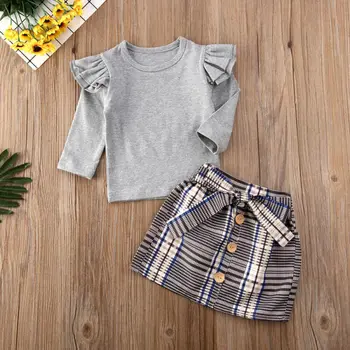Fashion Baby Piger Matchende Tøj Kids langærmet grå T-shirt, toppe Plaider Sløjfeknude Kjole Prinsesse Party Outfit Sæt