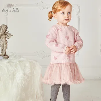 DBZ14948 dave bella efteråret baby girl ' s cute bow print mesh sweater dress børn fashion party dress børn spædbarn lolita tøj