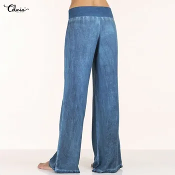Celmia 2021 Mode Bukser Kvinder Elastisk Talje Bred Ben Denim jeans Kvinder Casual Løs Palazzo Pants Elegante Bukser Overdimensioneret