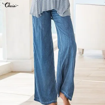 Celmia 2021 Mode Bukser Kvinder Elastisk Talje Bred Ben Denim jeans Kvinder Casual Løs Palazzo Pants Elegante Bukser Overdimensioneret