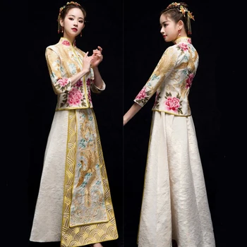 Phoenix Pæon Broderet Qi Pao Kinesisk Bride Bryllup kjole Bryllup Aften kjole Royal Ægteskab Passer til