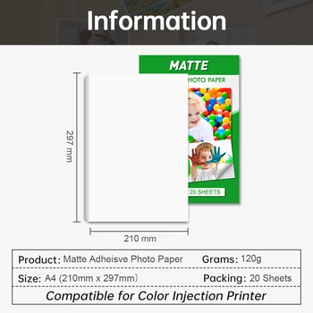 UniPlus Stærke Selvklæbende Mat Fotopapir A4 20 Ark Klistret Printer Papir Foto Album for Farve Inkjet Printer 297*210 mm A4 7450