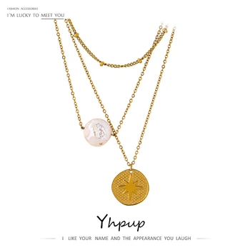 Yhpup Trendy Runde North Star Naturlige Perle Multi Layer Halskæde Mode Rustfrit Stål Forgyldt Kæde