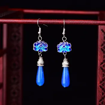 Mode Cloisonne Zink Legering Fan-formet Eardrop Elegante Blå Krystalklare Vand Dråbe Øreringe Kvindelige Boutique-Smykker