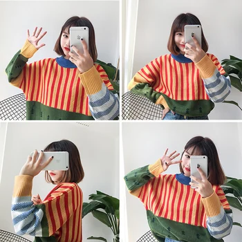 Kvinders Trøjer Kawaii Ulzzang Løs Vild Farve Syning Strikket Sweater Kvindelige koreanske Harajuku Jumper, Pullover Til Kvinder 7526