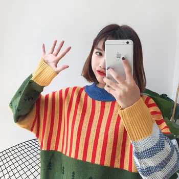 Kvinders Trøjer Kawaii Ulzzang Løs Vild Farve Syning Strikket Sweater Kvindelige koreanske Harajuku Jumper, Pullover Til Kvinder