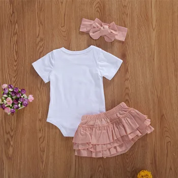 Spædbarn Baby Pige Sød Sommer Outfit Korte Ærmer Brev Print-Hvid Sparkedragt Toppe-Pink Ruched Pantskirt Hovedbøjle 3STK Sat til 0-18M