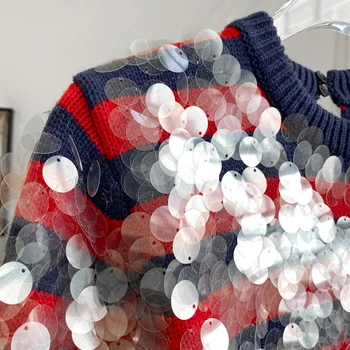 TWOTWINSTYLE Stribet Patchwork Paillet Trøje Til Kvinder med O-Hals Lange Ærmer Casual Strikkede Pullovers Kvindelige 2020 Falde Mode Nyt