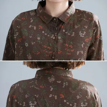 Overdimensionerede Kvinder Bomuld Casual Skjorter Nye 2020 Efteråret Vintage Print Turn-down Krave Løs Kvindelige langærmet Toppe S2463