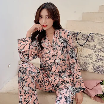 Mode Blomst satins is silke kvinder pyjamas sæt Korea elegance lange ærmer nattøj bukser kvinder pyjamas 99087