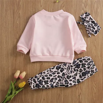 Baby Piger Bomuld Tøj Sæt Efterår Forår Nyfødte Baby Pige T-Shirt Top med Leopard Printede Bukser Hovedbøjle Tøj Tøj 0-24M