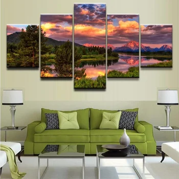 Wall Art Plakat Canvas HD Udskrive En Smuk Solnedgang og River Træer Billeder 5 Stykker Maleri Hjem Room Decor
