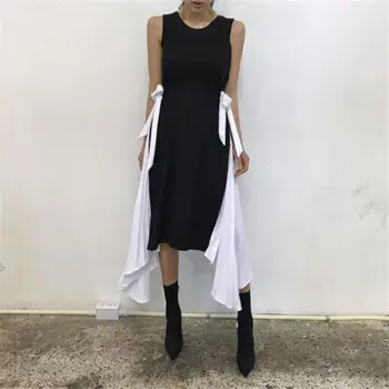HziriP Koreanske Kvinder Sød Kjole 2019 Forår Og Efterår Elegant Elegant Plisserede Vintage Slank O-Hals Uden Ærmer Kjoler Plus Size