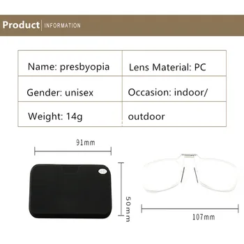 LEFLE 2019 NYT Transparent Mini Sticky Læsning Briller næseklemme Briller til Mænd, Kvinder Presbyopic Glas Sort 1.0 1.5 2.0 2.5 3.0