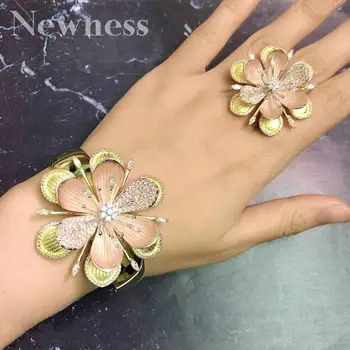 Nye Luksus Blomst Cluster Bangle Ring Sæt Mode Dubai Brude Smykker Sæt Til Kvinder Bryllup brincos para som mulheres