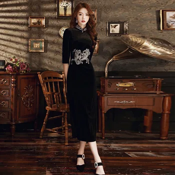 2020 Efteråret Nye Black Velvet og en Modificeret Version Cheongsam Lang Kjole Kvindelige M-4XL af Høj Kvalitet, Elegant Party Vestidos