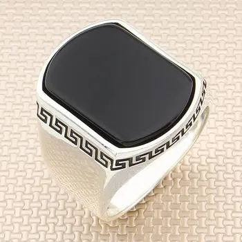 Moderne Sølv Ring, Rektangel, Sort Onyx Ædelsten Sølv Ring Mænd Sølv Ring i Tyrkiet Massiv 925 Sterling Sølv
