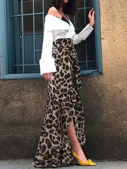 Boheme Leopard Maxi Nederdele til Kvinder Sommeren Sundress ZANZEA 2021 Høj Talje Lange Vestidos Kvindelige Trykt Robe Plus Størrelse 5XL
