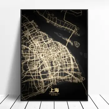 Beijing Guangzhou, Chengdu Nanjing, Shanghai, Kina Sort og guld på Lærred Væg Kunst, Kort Plakat Uden Ramme