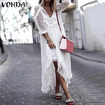 VONDA Plus Size Hvid Blonde Kjole 2021 Kvinder Sundress Sommer Kjole Sexet Kjole V-Hals Prik Hul med Asymmetrisk Søm Stranden Vestidos