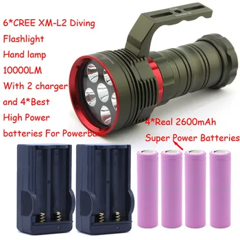 10000 Lumens Dykning Lommelygte 6x XM-L2 LED Lys Hånd Lampe Håndlygte Fakkel lanterne Med 4 Batteri&Oplader