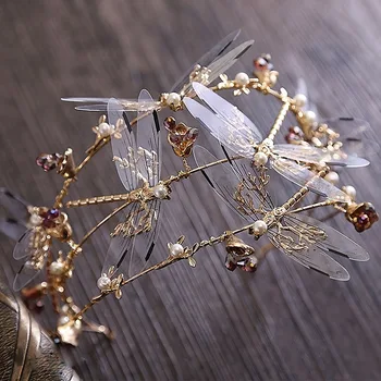 Nye Håndlavede Barok Gold Hair Crown Tre-lags Dragonfly Brude Hår Tilbehør til Bryllup Tairas Crown Hår Smykker Medaljon