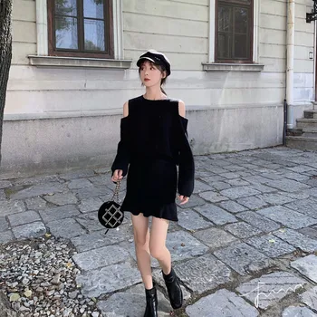 BLLCUE 2019 Efteråret Nye Mode koreanske Kvinder Strik Sexet Off-Shoulder Pullover Sweater + fiskehale nederdel, der Passer 2 delt Sæt Tøj