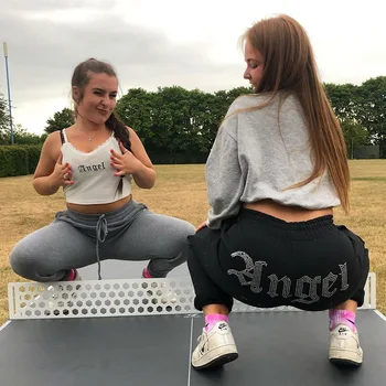 Ny Mode Kvinders Bukser Rhinestone Dekoration Bindende Fod Design Elastisk Talje med Lomme Sportstøj Efteråret Bukser Tøj