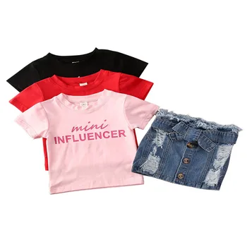 0-6Y Mode Spædbarn Baby Piger Tøj Sæt, Brev Udskrive Kort Ærme T-Shirts, Toppe+Denim-Knappen Nederdele 3 Farver