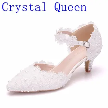 Crystal Dronning Kvinder Sko Hvid Lace Wedding Sko 5CM Høje Hæle Sko PUMPER White Lace Søde Prinsesse Party Mary Janes Hæle