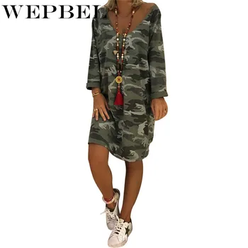 WEPBEL Camouflage Trykt Kjole Mode Komfortable Kvinder, Sommer, Efterår Lange Ærmer O-Hals, Løs, Afslappet