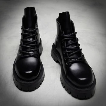 Koreansk stil, mænd fritid ægte læder støvler smuk platform sko efterår vinter ankle boot cowboy botas masculinas sapatos 8533
