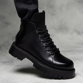 Koreansk stil, mænd fritid ægte læder støvler smuk platform sko efterår vinter ankle boot cowboy botas masculinas sapatos