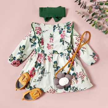 Baby / Toddler Blomst Pige Kjole Blomstret Print-Long-sleeve Kjole og Solidt Hovedbånd Tøj Tøj