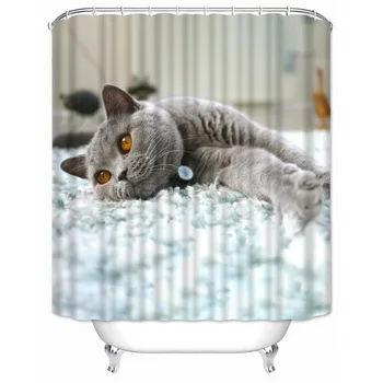 Musife Brugerdefinerede British Shorthair kat badeforhæng Vandtæt Polyester Stof Badeværelse Med Kroge DIY Home Decor