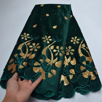 (5yards/pc) Seneste dyb grøn Afrikanske velvet lace stof med guld broderi, pailletter og perler til party dress VLP020