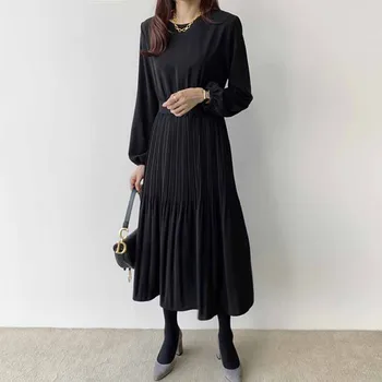 Mode Dame Slank Talje Vintage Plisserede 2021 Efteråret Chic koreansk Stil Lang Kjole O-hals Lanterne Ærme Faste Vinger Kjole 12102
