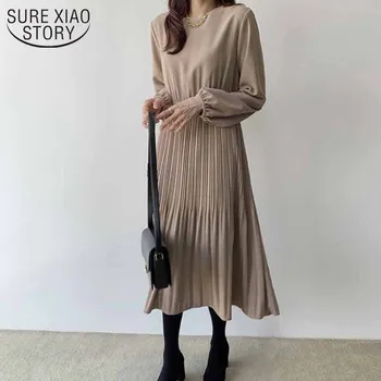Mode Dame Slank Talje Vintage Plisserede 2021 Efteråret Chic koreansk Stil Lang Kjole O-hals Lanterne Ærme Faste Vinger Kjole 12102