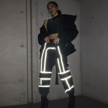 Kvinder Fashion Street Reflekterende bukser Patchwork Cargo Bukser 2019 Nye Ankomst Lynlås Med Vinger Lommer Strikkede Bukser