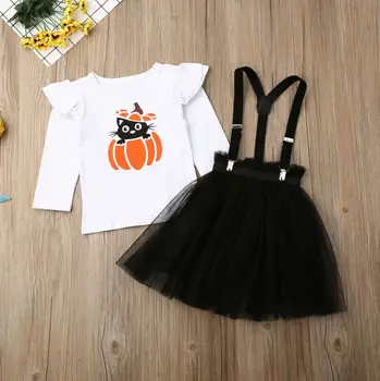 2stk Halloween outfit er fastsat for Buksetrold Barn Baby Pige Halloween langærmet T-shirt Skater Tyl Nederdel Part Tøj Sæt