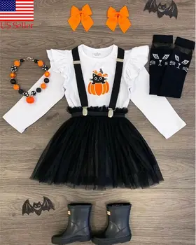 2stk Halloween outfit er fastsat for Buksetrold Barn Baby Pige Halloween langærmet T-shirt Skater Tyl Nederdel Part Tøj Sæt