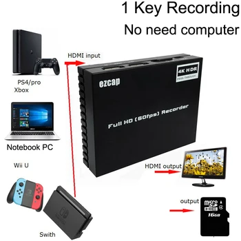 Ezcap274 4K-60hz HDR Loop Out HDMI Video Capture Pladen 1080P 60fps Optagelse Box Spil Optageren til PS4 Skifte,Mikrofon-Indgang