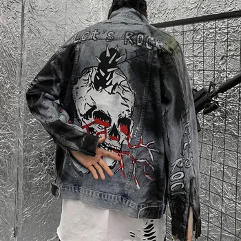 Mode Harajuku Kraniet Retro Rock Grå vintage Denim jakke mænd kæreste punk Sweatshirt sudadera streetwear hiphop cowboy