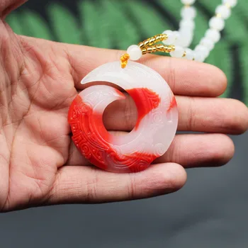 Naturlig Rød Hvid Jade Rune Halskæde Kinesisk Mode Charme Smykker Dobbelt-sidet Hule Udhugget Amulet Mænd Kvinder Gaver 8733