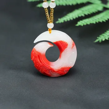 Naturlig Rød Hvid Jade Rune Halskæde Kinesisk Mode Charme Smykker Dobbelt-sidet Hule Udhugget Amulet Mænd Kvinder Gaver