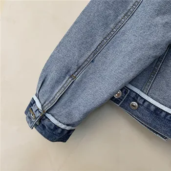 Efteråret Kvinder, Denim Jakke, Mode Print Patchwork revers Casual Jeans Jakke Kvindelige Lomme Løse Korte Jeans, Pels Streetwear
